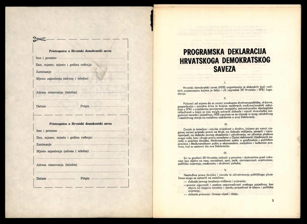 <strong>Programska deklaracija Hrvatskoga demokratskog saveza (HDS) s pristupnicom</strong>, 1989.<br><br>HR-HDA-907. Zbirka stampata, 2.89