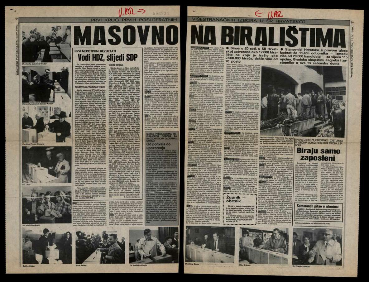 <strong>Prvi krug prvih višestranačkih izbora u SR Hrvatskoj</strong>, članak iz <i>Večernjeg lista</i>, 23. travnja 1990.
<br><br>
HR-HDA-2031. Vjesnik. Unutarnja politika, kut. 964
