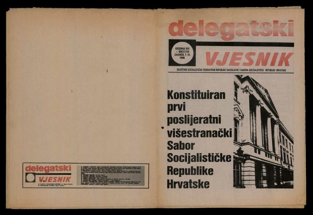 <b>Konstituiran prvi poslijeratni višestranački Sabor SR Hrvatske</b>, naslovnica <i>Delegatskog vjesnika</i>, 7. lipnja 1990.<br><br>
Gradivo iz ostavštine Dragutina Taboršaka, kut. 22, cjelina 204
