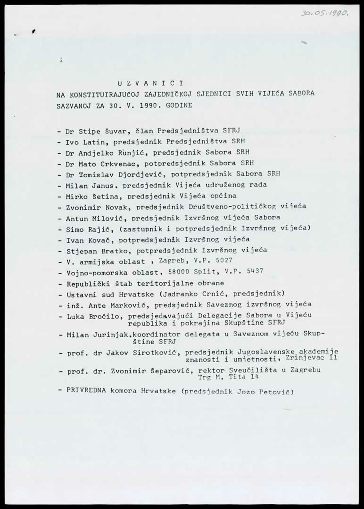 <b>Popis uzvanika na konstituirajućoj zajedničkoj sjednici svih vijeća Sabora</b>, 30. svibnja 1990.<br><br>
HR-HDA-1741. Ured predsjednika RH Franje Tuđmana. Pismohrana, fasc. 57
