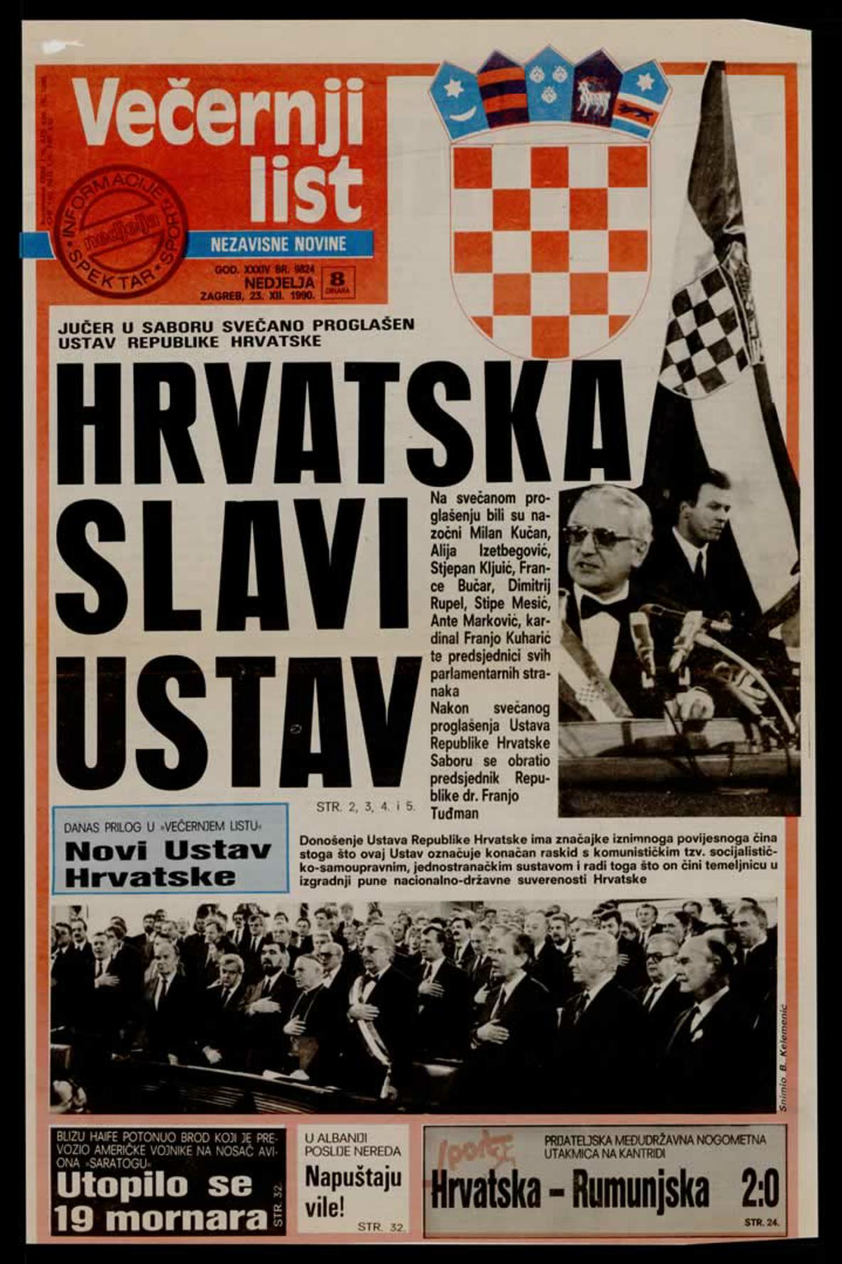 <b>Hrvatska slavi Ustav</b>, naslovnica <i>Večernjeg lista</i>, 23. prosinca 1990.<br><br>
HR-HDA-2031. Vjesnik. Unutarnja politika, kut. 887
