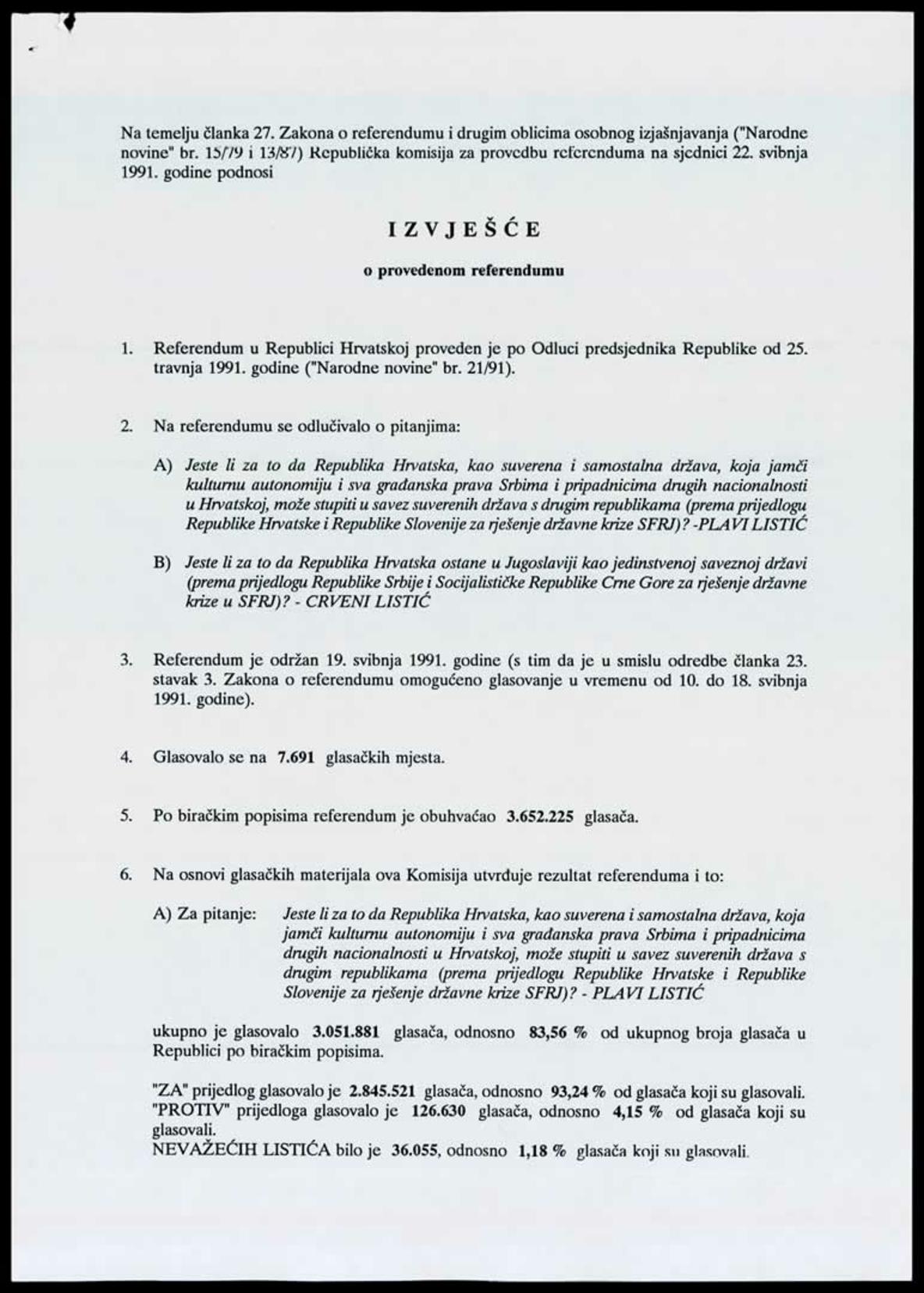 <b>Izvješće o provedenom referendumu</b>, 22. svibnja 1991.<br><br>
HR-HDA-1741. Ured predsjednika RH Franje Tuđmana. Pismohrana, fasc. 186
