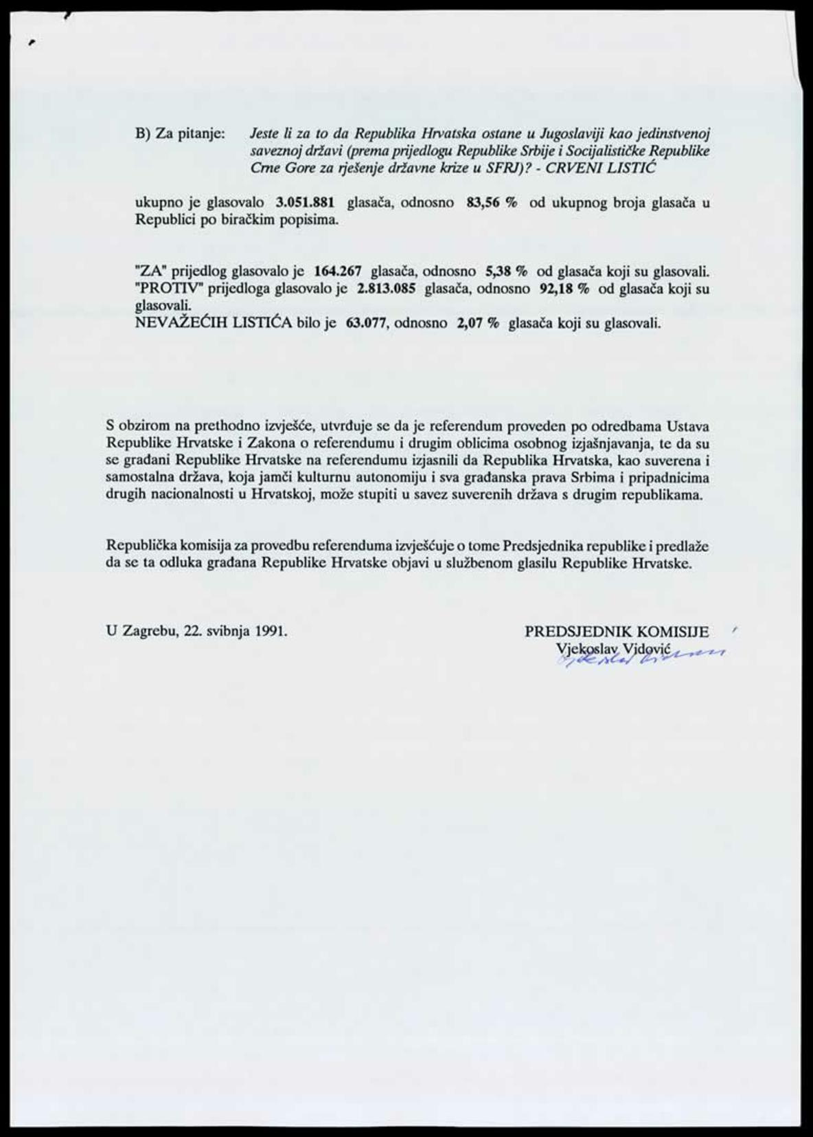 <b>Izvješće o provedenom referendumu</b>, 22. svibnja 1991.<br><br>
HR-HDA-1741. Ured predsjednika RH Franje Tuđmana. Pismohrana, fasc. 186

