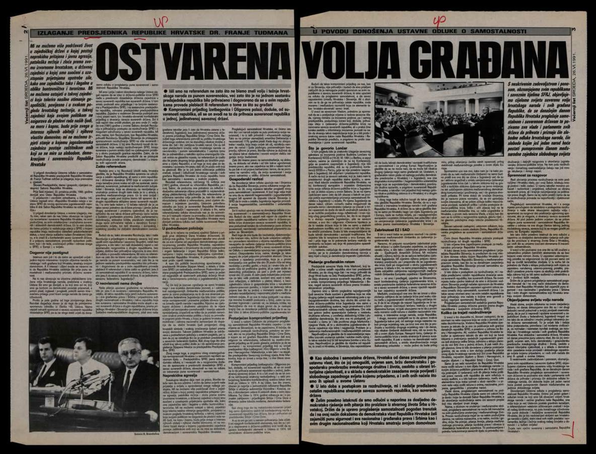 <b>Hrvatska – samostalna država</b>, izdanje <i>Večernjeg lista</i> povodom donošenja Ustavne odluke o suverenosti i samostalnosti, 26. lipnja 1991.<br><br>
HR-HDA-2031. Vjesnik. Unutarnja politika, kut. 911
