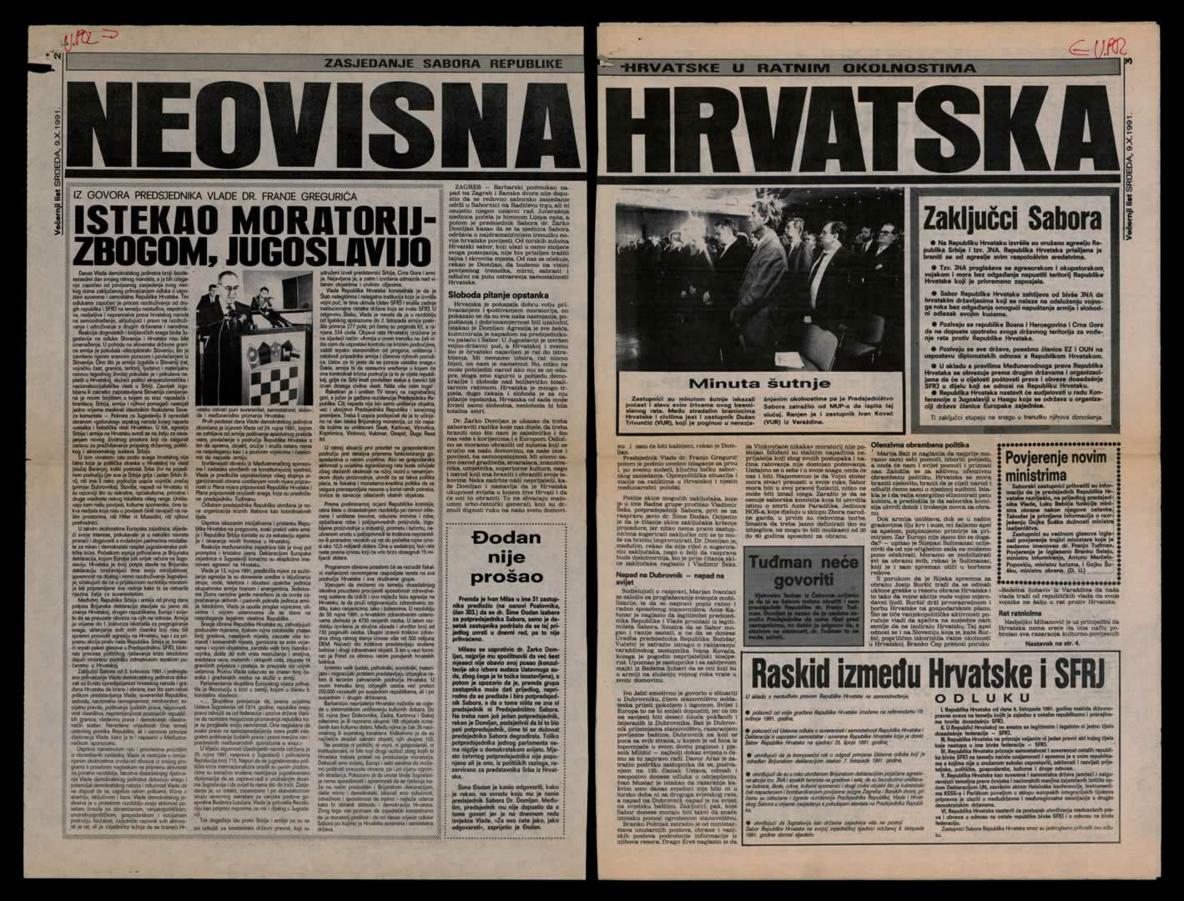 <b>Neovisna Hrvatska</b>, izdanje <i>Večernjeg lista</i> povodom proglašenja neovisnosti, 9. listopada 1991.<br><br>
HR-HDA-2031. Vjesnik. Unutarnja politika, kut. 911
