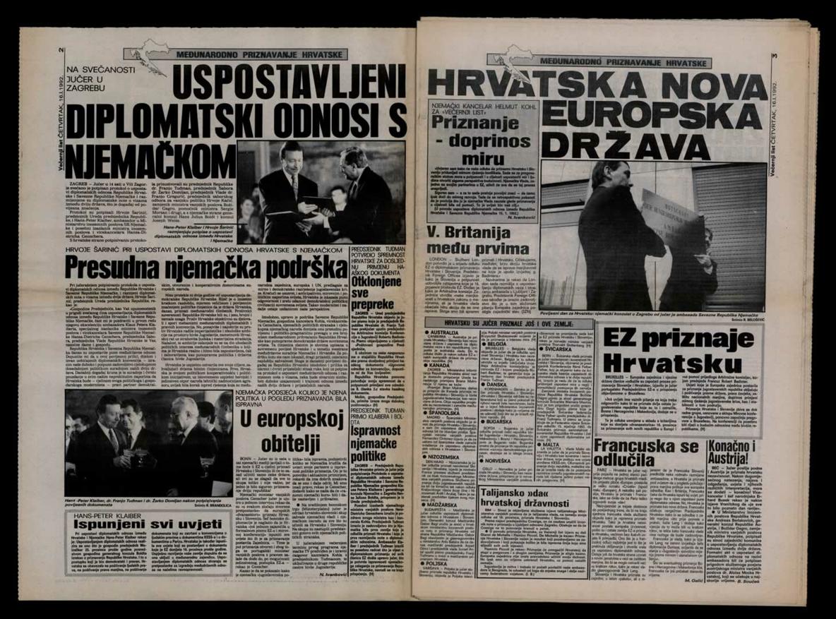 <b>Međunarodno priznavanje Hrvatske</b>, članci iz <i>Večernjeg lista</i>, 16. siječnja 1992.<br><br>
Gradivo iz ostavštine Dragutina Taboršaka, kut. 22, cjelina 204

