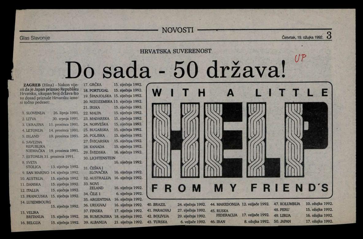 <b>Popis država koje su priznale Hrvatsku do 19. ožujka 1992.</b>, članak iz <i>Glasa Slavonije</i>, 19. ožujka 1992.<br><br>
HR-HDA-2031. Vjesnik. Hrvatska, kut. 1582
