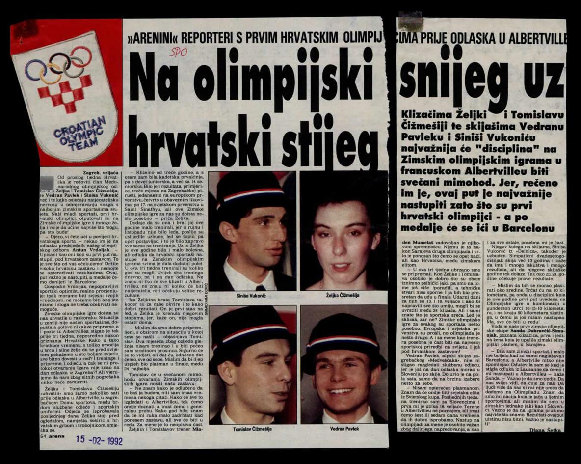 <b>Na olimpijski snijeg uz hrvatski stijeg</b>, članak iz <i>Arene</i>, 15. veljače 1992.<br><br>
HR-HDA-2031. Vjesnik. Sport, kut. 3172
